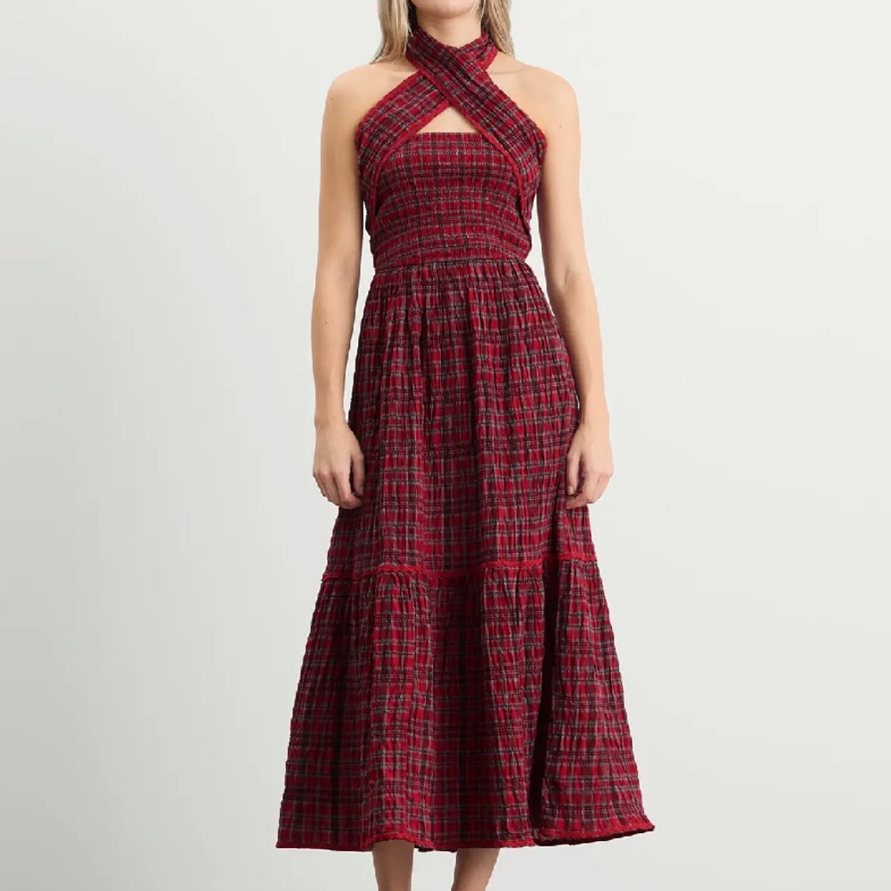 DAMSON MADDER Mia Red Plaid Midi Dress - Size US 6